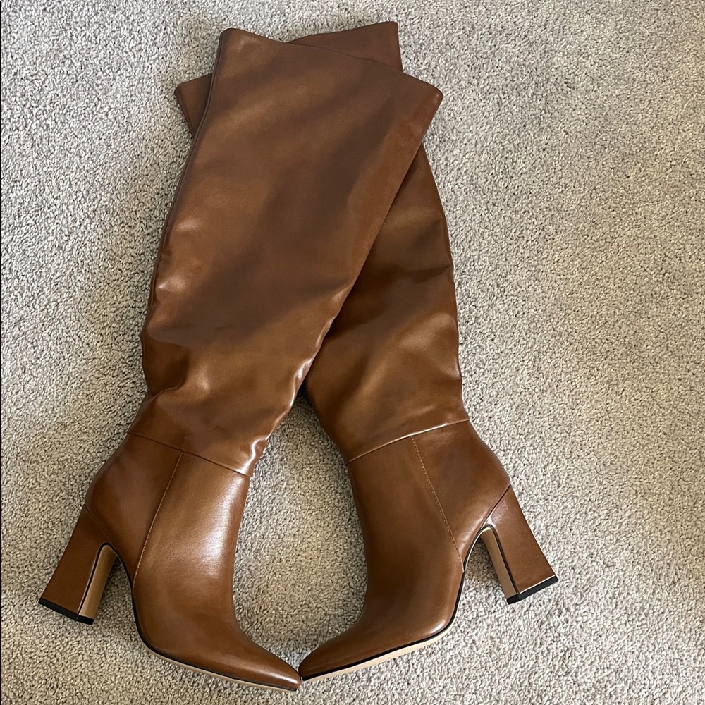 Michael Shannon Chestnut Brown Faux Leather Over-the-Knee Block-Heel Boots
